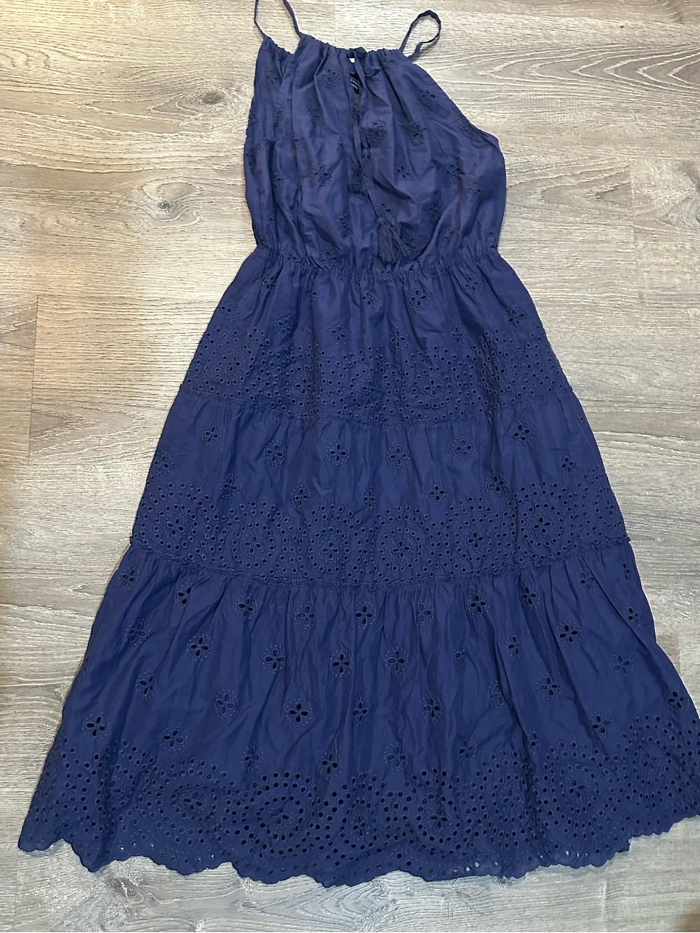 LIV Los Angeles Women’s Eyelet Midi Dress Blue 100% Cotton Sleeveless Tie Neck S